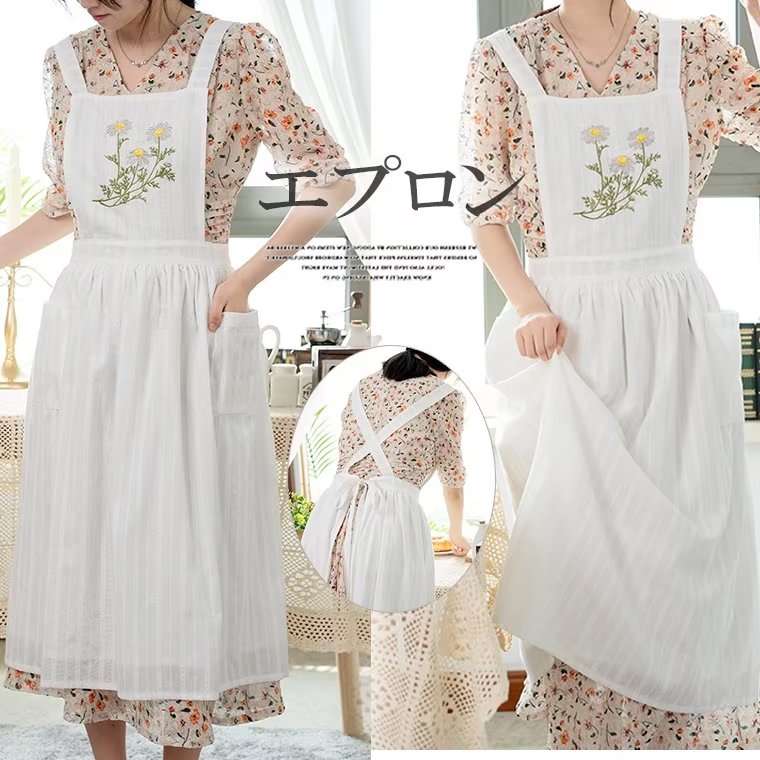 ナチュラルな雰囲気!刺繍入り リネン 麻綿 北欧風 ワンピース風 エプロン エプロンワンピース カフェエプロン 新婚さんエプロン 花屋さん ロング丈