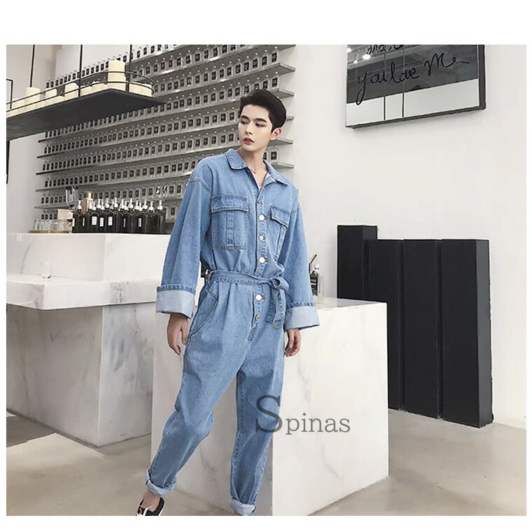 S-XL モデルのようにお洒落なシルエットに ジャンプスーツ 男女兼用 デニム レディース メンズ オールインワン ベルト付 韓流 韓国アイドル モデル オーバーオール 長袖 ダンガリー デニムシャツ