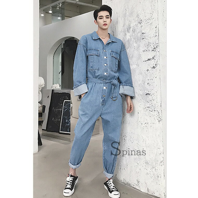 S-XL モデルのようにお洒落なシルエットに ジャンプスーツ 男女兼用 デニム レディース メンズ オールインワン ベルト付 韓流 韓国アイドル モデル オーバーオール 長袖 ダンガリー デニムシャツ