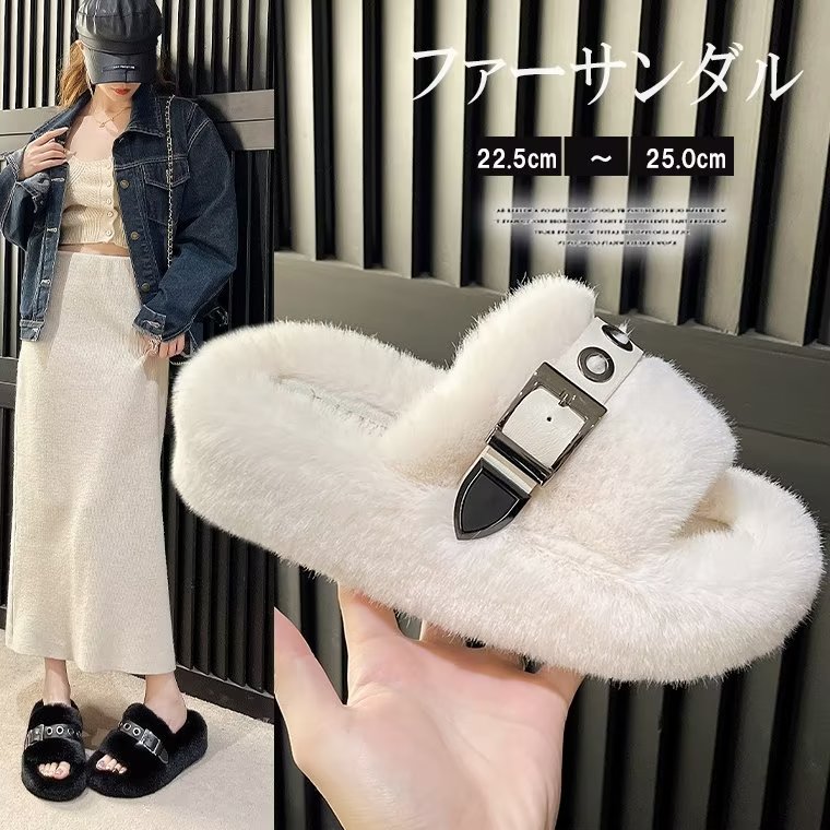 乐天商城 - これからの季節に大活躍する！全3色 シャワーサンダル ファースリッパ ファー厚底 シューズ ファー サンダル 無地 フラットヒール フェイクファー ローヒール シューズ おしゃれ秋冬
