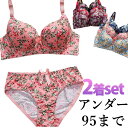 アンダー95まで 今だけ2セット 可愛い小花柄 上下セット カジュアル ワイヤーブラジャー ショーツ アンダー80 アンダー90 小さく見せるブラ 補正下着 大きいサイズ B Cカップ ソフトカップ 清楚 勝負下着 肩凝り防止 アンダー85 送料無料