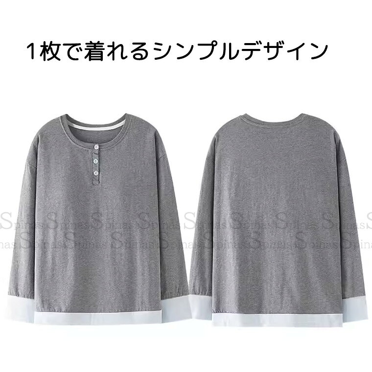 カップ付き 重ね着風 綿Tシャツ コットン 締め付けない ヘンリーネック ズレない ...