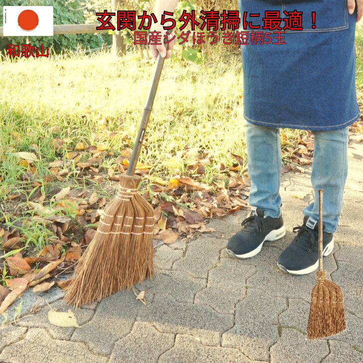 【あす楽】 国産シダ箒5玉短柄　長さが短め（75cm×幅22cm）　BroomCraft　深海産業（しだ ほうき 外掃き箒 掃除 そうじ 国産 日本製 和歌山 エコ 和帚 室外 高級 高級ほうき 高級箒 日本製 職人 手作り 伝統工芸）