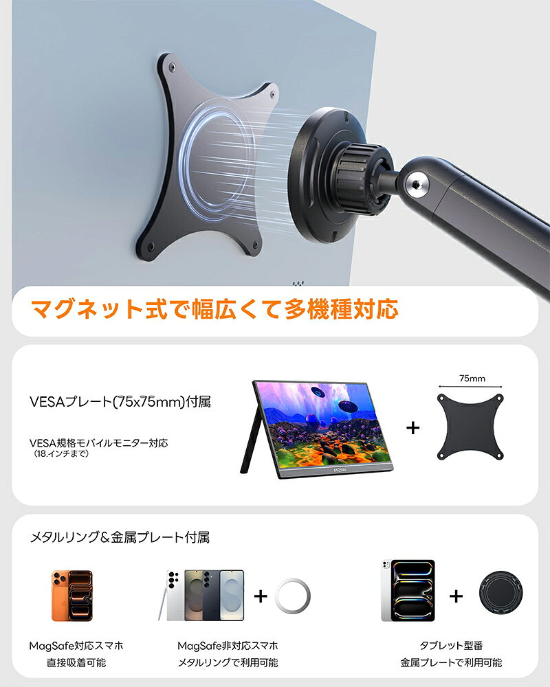 【15％OFFクーポン】モバイルモニター スタンド マグネット式 VESA＆タブ　レット...
