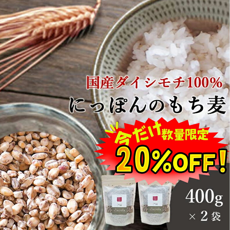 【数量限定 20%OFF 対象期間は11日1:59まで】もち麦 国産 400g 2袋セット 送料無料 国産 希少ダイシモチ100% ダイエット 腸内環境 内臓脂肪 食物繊維 ポリフェノール 無添加 雑穀 大麦 裸麦 も…