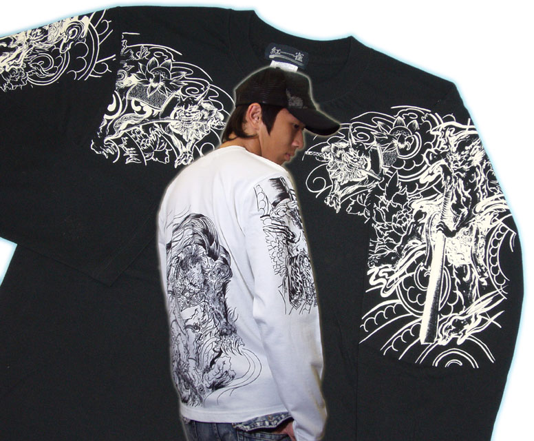 唐獅子胸割り 長袖和柄 tシャツ 紅雀オリジナル刺青入れ墨風（名入れ刺繍可）