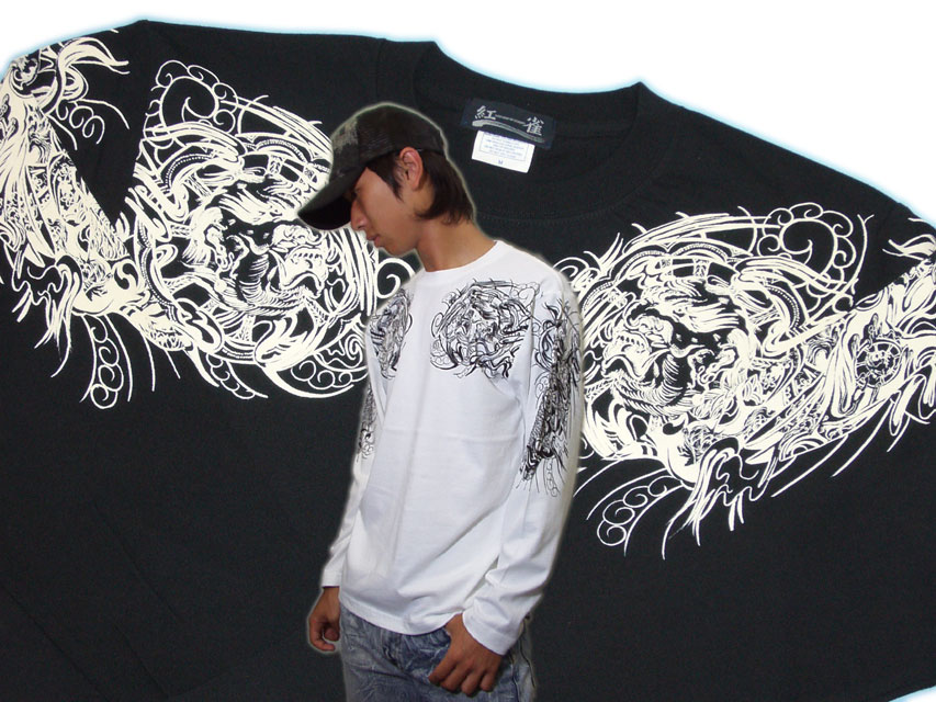 Rakuten - 舞踊髑髏と輪入道 長袖和柄 tシャツ 紅雀オリジナル刺青風（名入れ刺繍可）