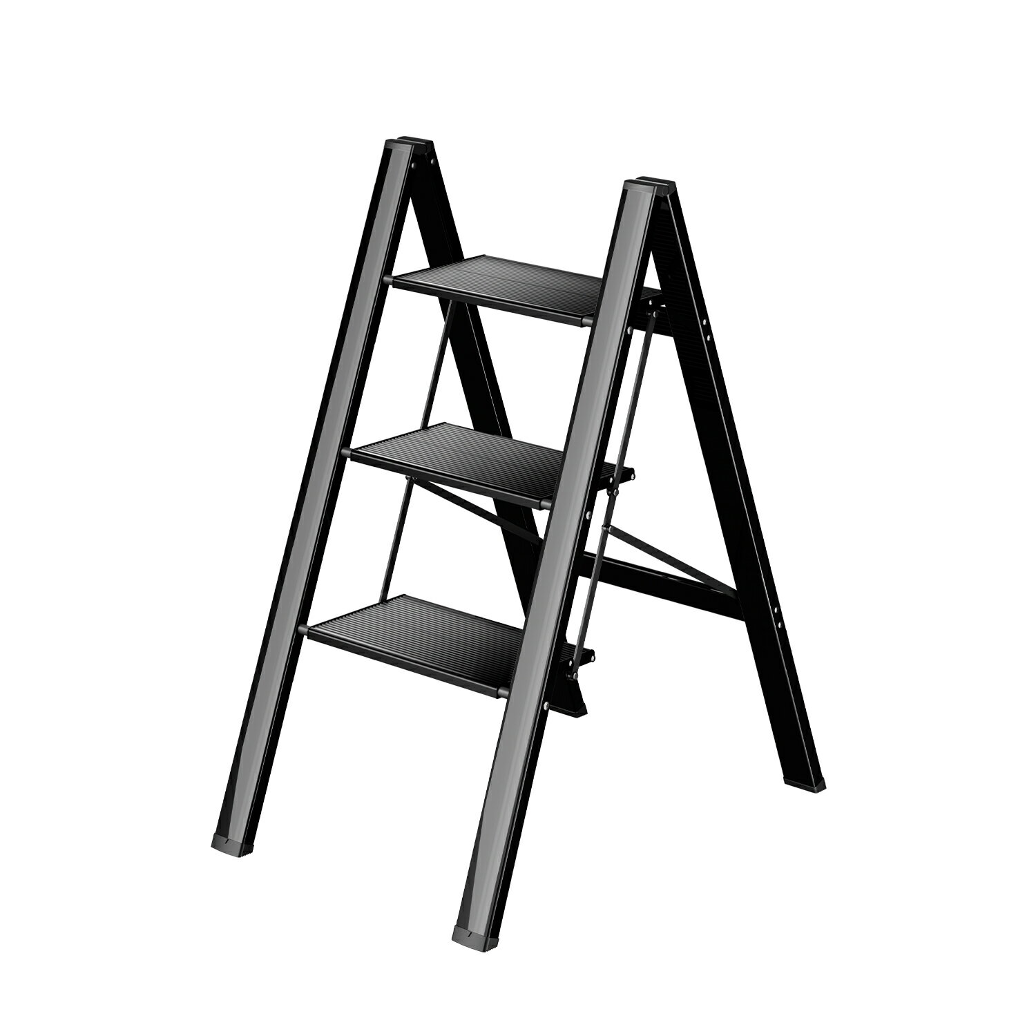 Rakuten - 【送料無料】脚立 3段 全アルミ製 折りたたみ踏み台 超軽量3.4kg 耐荷重150kg 高耐久 安定構造 コンパクト収納 多用途 ステップ台 花台 置物ラック スツール おしゃれで高級感のあるデザイン 室内・屋外対応 家庭用 ブラック