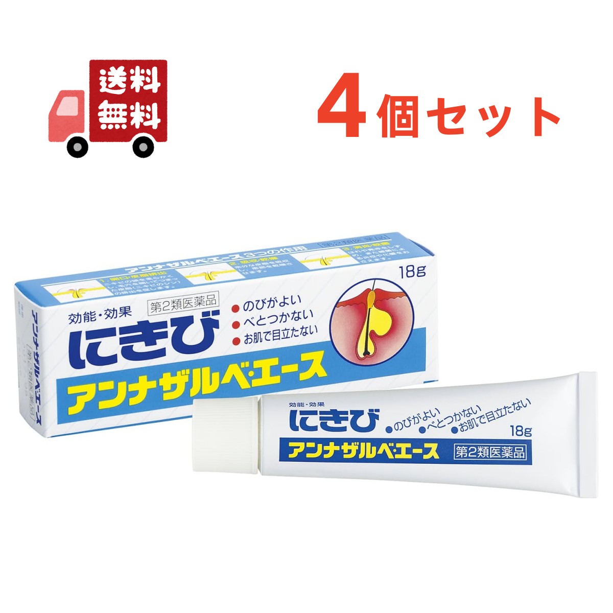 【製品特徴】 ■アンナザルベ・エースは、のびがよく、べとつかない バニシングタイプのニキビ治療剤です。 ■塗ったあとが目立ちません。 ■アンナザルベ・エースは、ニキビの頭を柔らかくし、 毛穴を開いてつまった皮脂（ニキビのシン）の排出を促し 、余分な皮脂を吸収し、患部を乾燥させます。 また、はれや発赤をしずめるとともに細菌による炎症や 化膿をおさえます。 ■剤　型：淡黄色の軟膏。 ■効能・効果 ・にきび ■用法・用量 ・1日2～3回適量を患部にすりこみます。 【用法・用量に関連する注意】 （1）小児に使用させる場合には、保護者の指導監督のもとに 使用させてください。 （2）目に入らないように注意してください。 万一目に入った場合には、すぐに水又はぬるま湯で洗ってください。 なお、症状が重い場合には、眼科医の診療を受けてください。 （3）&nbsp;外用にのみ使用してください。 （4）&nbsp;使用に先だって少量をひじの内側に塗り、 一晩そのままにしておいてください。 翌朝、塗布部位に過敏症状（発疹・発赤、かゆみ、 かぶれ等）があらわれた場合には使用をさけてください。 ・きれいに洗顔してから、ニキビとその周辺に塗ってください。 ・おやすみ前のご使用も効果的です。 ■成　分 ・イオウ&nbsp;3.0% ・レゾルシン&nbsp;2.0% ・グリチルレチン酸&nbsp;0.3% ※添加物として、無水ケイ酸、セタノール、 中鎖脂肪酸トリグリセリド、ベントナイト、セチル硫酸Na、 プロピレングリコール、ステアリン酸グリセリン、乳酸、 ピロ亜硫酸Na、パラベンを含有します。 【使用上の注意】 ・相談すること 1&nbsp;次の人は使用前に医師又は薬剤師に相談してください。 （1）医師の治療を受けている人。 （2）本人又は家族がアレルギー体質の人。 （3）薬によりアレルギー症状を起こしたことがある人。 （4）患部が広範囲の人。（5）湿潤やただれのひどい人。 2&nbsp;次の場合は、直ちに使用を中止し、 商品添付説明文書を持って医師又は薬剤師に相談してください。（1）使用後、次の症状があらわれた場合。 ・皮ふ：発疹・発赤、かゆみ、かぶれ （2）5～6日間使用しても症状がよくならない場合。 【保管及び取扱上の注意】 1.直射日光の当たらない湿気の少ない涼しい所に保管してください。 2.小児の手の届かない所に保管してください。 3.他の容器に入れ替えないでください。 ※誤用・誤飲の原因になったり品質が変わるおそれがあります。 4.使用期限をすぎた製品は、使用しないでください。 ■製造販売：エスエス製薬株式会社 区分：第2類医薬品