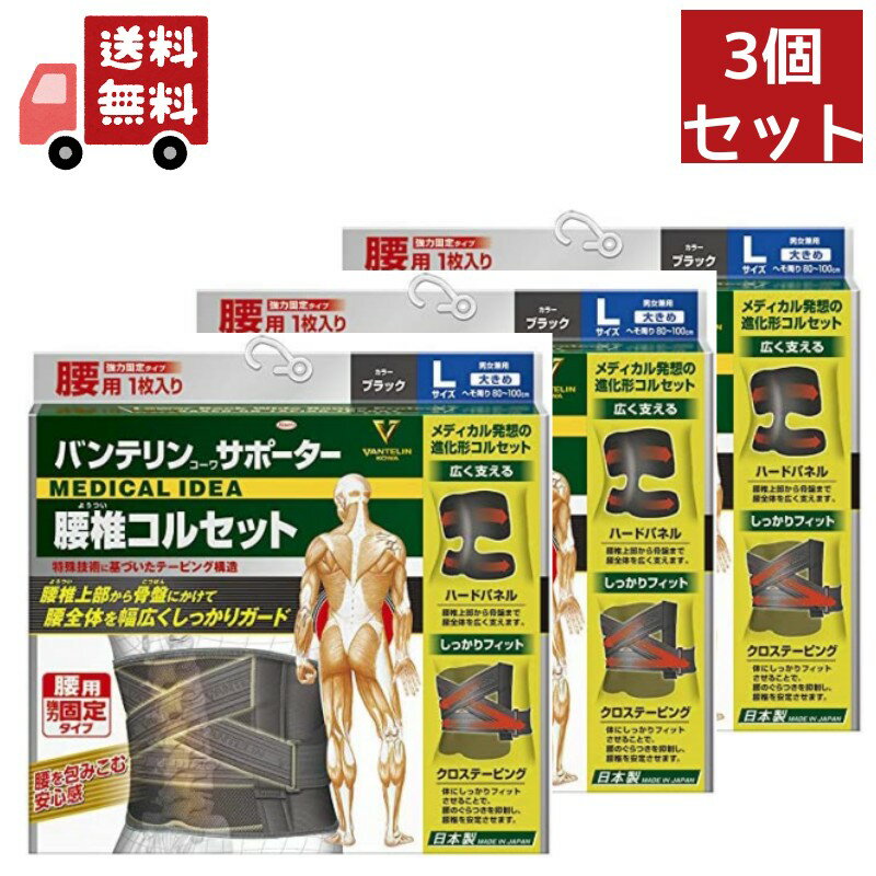 送料無料 3個セット バンテリンサポーター 腰椎コルセット　大きめサイズ Lサイズ（1枚入り） へそ周り80 100cm ブラック　男女兼用