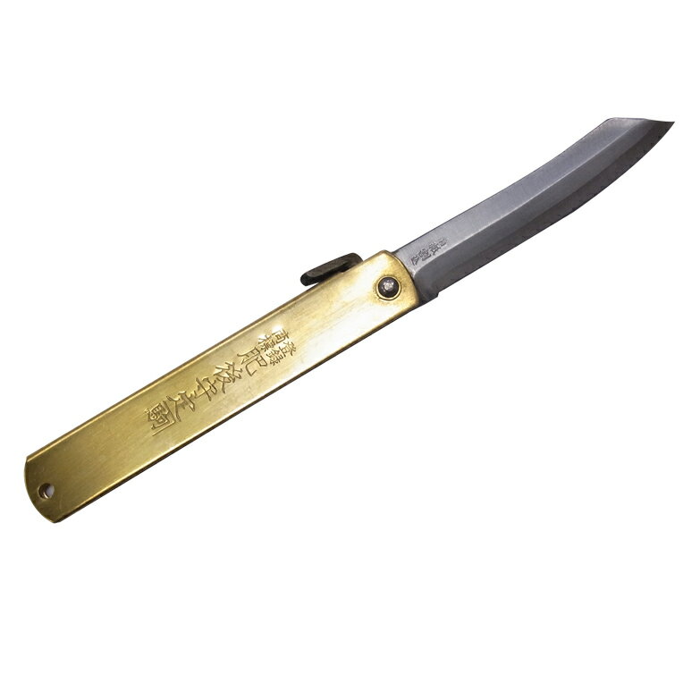 日本で生まれた世界に誇るべきホールディングナイフ。 サイズ 全体の長さ:約205mm（刃先端から、持ち手後部まで) 刃渡り95mm 材質 青紙,ハンドル：真鍮板 備考 ★基本的には、研ぎ込んでお使い頂く刃物です。 全て職人の手造り鍛造品ですので、仕上がりにバラツキがあり、1本ずつ微妙に違います。 また物によりましては、ポイント（先端）の少し丸いものや、研ぎむらのある物などがございます。 恐れ入りますが、 ご了承下さいませ。折り畳みナイフ「肥後守」を手掛ける全国唯一のメーカー 「永尾駒製作所/カネ駒」。 肥後守の登録商標をもつ組合員として、唯一残ったのが同製作所で、製法は青紙を割り込んで鍛造。何回か研いではじめて本来の切れ味が出る。創業明治27年。100年の伝統を後世に伝える老舗の永尾駒製作所。鞘　表に『肥後守定駒』の刻印が入っており、伝統の重みと作者の思いが感じられます。 本物の登録商標である「肥後守」を作る鍛冶屋さんは唯一、四代目の永尾元佑さんだけです。