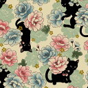 コットン シーチング生地 布 百華繚蘭〜猫Neko〜黒猫と牡丹 HR3450−11 キルトゲイト JAPAN FABRIC 商用利用可能