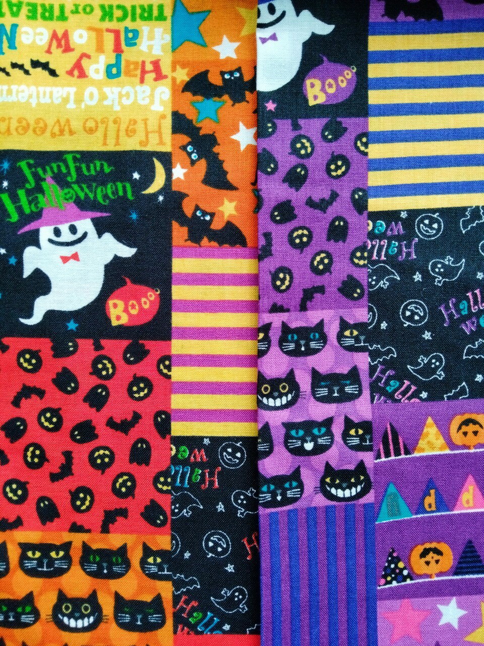 メーカー完売 コットン シーチング生地 布 ハロウィン ブロック柄 AP35401-2 クロネコ コウモリ おばけ かぼちゃ 商用利用可能 JAPAN FABRIC
