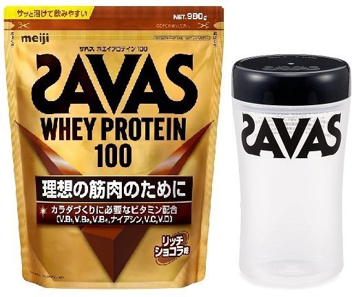 [シェイカー付き] 明治 ザバス SAVAS ホエイプロテイン100 リッチショコラ味 980g + ザバス プロテインシェーカー ブラック 500ml 送料無料のサムネイル