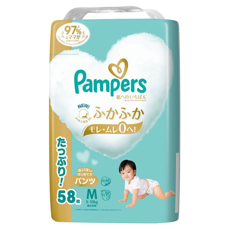 紙おむつ ベビー用品 パンツ式 パンパース 肌へのいちばんパンツ / ウルトラジャンボ M はいはい 58枚(5-10kg) ふかふか心地 肌への一番 デザイン2種類 もれ・ムレ0 ジャンボパック 超吸収 Pampers P&G