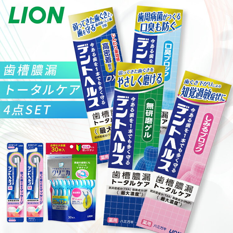 デントヘルス 薬用ハミガキ 4点セット（ハミガキ・ハブラシ×2・デンタルフロス） ライオン 知覚過敏 研磨剤無配合 口臭ケア 歯周病予防 トータルケア LION しみるブロック 無研磨ゲル 口臭ブロック 薬用ハミガキDX ハブラシ/やわらかめ ふつう