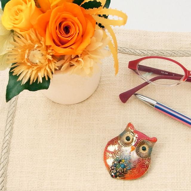 【UncleZ】　七宝焼き帯留 ふくろう大・赤