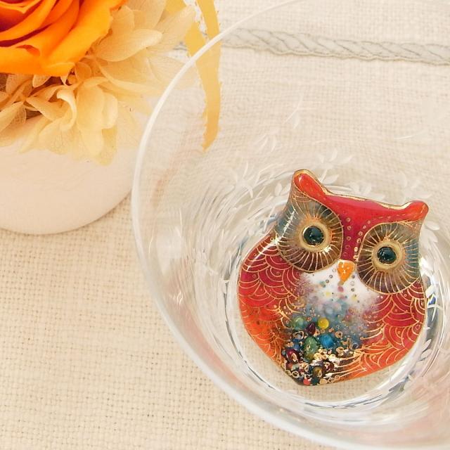 【UncleZ】　七宝焼き帯留 ふくろう大・赤