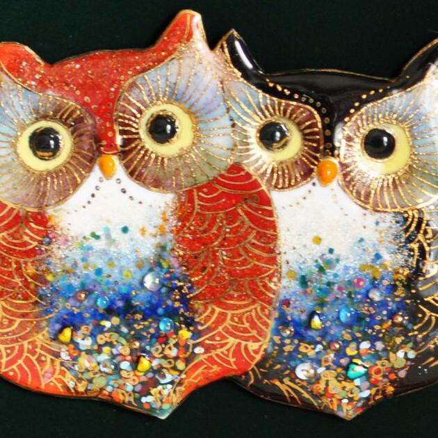 【UncleZ】七宝焼き「飾り額」2羽のふくろう