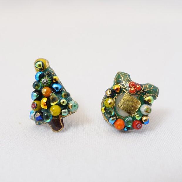 【UncleZ】七宝焼きピアスorイヤリング（クリスマスツリー＆リース）