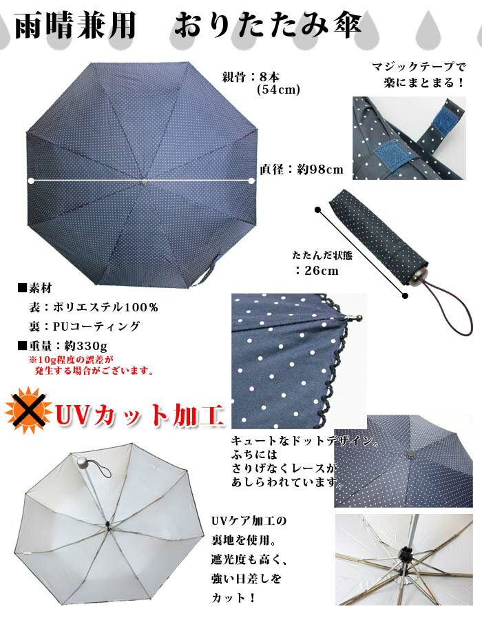 雨晴兼用 折りたたみ傘 ドット柄 UVカット加工 PUコーティング 日傘 日焼け 日差し 晴雨兼用