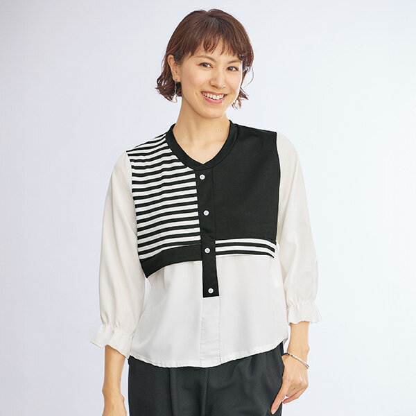 ブラウス シャツ レディース おしゃれ 春夏 ミセス シニア ファッション 40代 50代 60代 70代 異素材＆ボーダー切替えブラウス