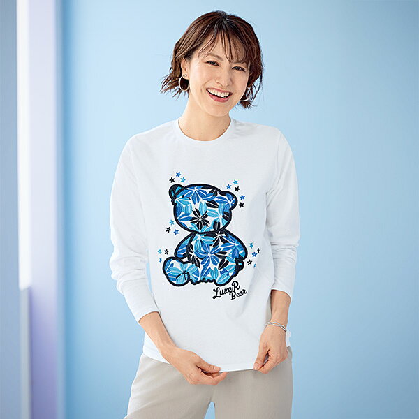 乐天商城 - Tシャツ トップス レディース おしゃれ 春夏 ミセス シニア ファッション 40代 50代 60代 70代 ベアー＆フラワー刺しゅうTシャツ