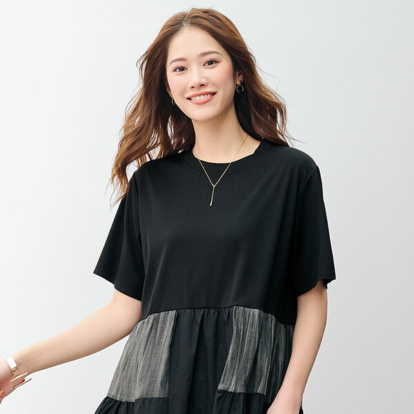 チュニック 大人可愛い おしゃれ 春夏 ミセス シニア ファッション 40代 50代 60代 70代 異素材切替チュニック kyo-tsu-10112917 京都通販 ミセスのファッション館 サンプル画像3