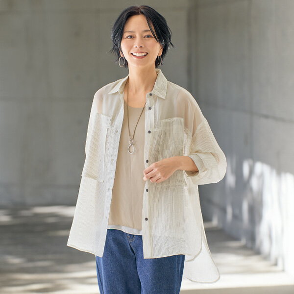 Rakuten - チュニック 大人可愛い おしゃれ 春夏 ミセス シニア ファッション 40代 50代 60代 70代 ストライプ切替えシアーシャツチュニック