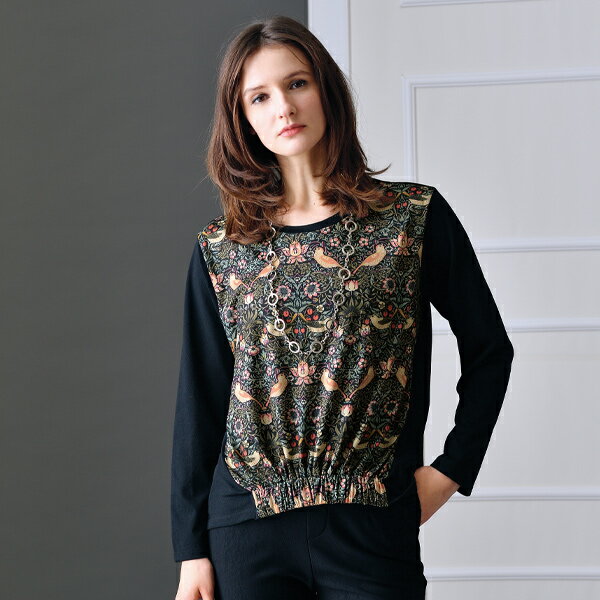 プルオーバー トップス レディース おしゃれ 秋冬 ミセス シニア ファッション 40代 50代 60代 70代 80代 ウィリアムモリス イチゴ泥棒柄プリントプルオーバー William Morris