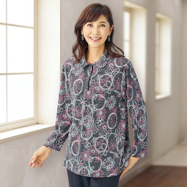 チュニック 大人可愛い おしゃれ 秋冬 ミセス シニア ファッション 40代 50代 60代 70代 80代 襟付プリ..
