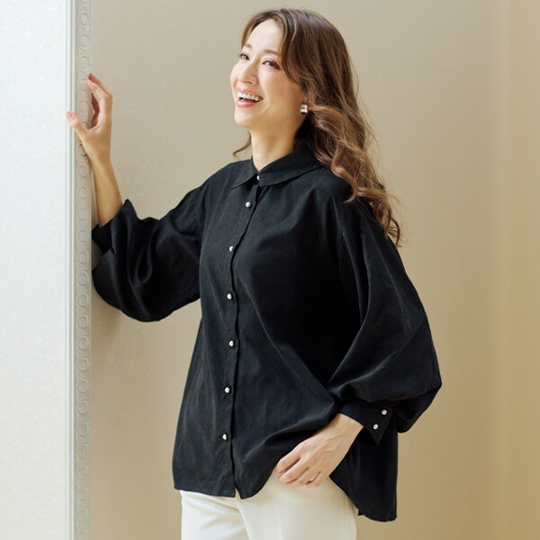 ブラウス シャツ レディース おしゃれ 秋冬 ミセス シニア ファッション 40代 50代 60代 70代 80代 パール調ボタン 起毛フレアブラウス