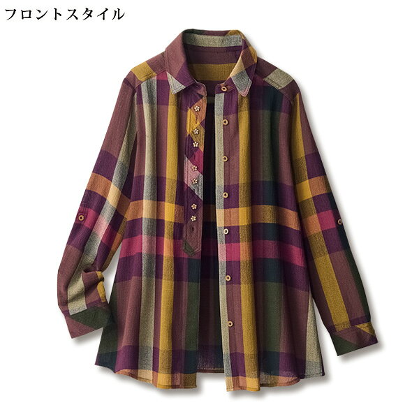 ブラウス シャツ レディース おしゃれ 春 秋冬 ミセス シニア ファッション 40代 50代 60代 70代 80代 花ボタン使い先染めチェックブラウスジャケット kyo-tsu-10110163 京都通販 ミセスのファッション館 サンプル画像3