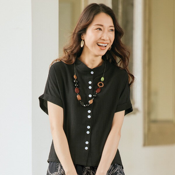 樂天商城 - シャツ ブラウス レディース おしゃれ 春夏 ミセス シニア ファッション 40代 50代 60代 70代 80代 綿麻ジャカード多ボタンブラウス
