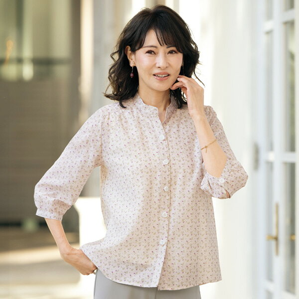 シャツ ブラウス レディース おしゃれ 春夏 ミセス シニア ファッション 40代 50代 60代 70代 80代 麻混小花プリントゆったりブラウス kyo-tsu-10111330 京都通販 ミセスのファッション館 パッケージ画像
