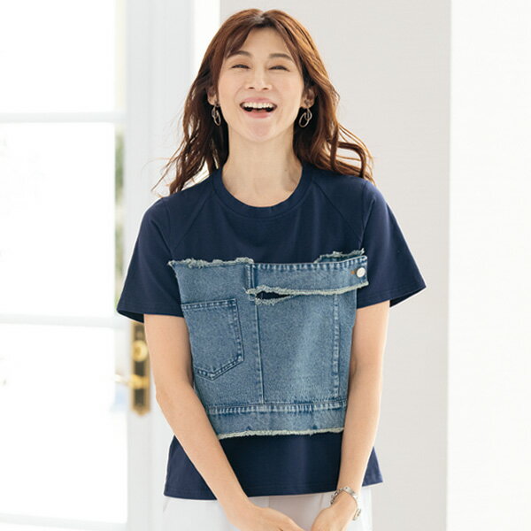Rakuten - プルオーバー トップス レディース おしゃれ 春夏 ミセス シニア ファッション 40代 50代 60代 70代 80代 デニムパッチワーク使いプルオーバー
