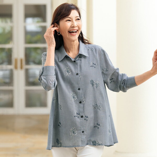 Rakuten - ブラウス シャツ レディース おしゃれ 春夏 ミセス シニア ファッション 40代 50代 60代 70代 80代 綿混シャンブレー刺しゅう使いブラウス