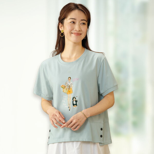 Rakuten - Tシャツ トップス レディース おしゃれ 春夏 ミセス シニア ファッション 40代 50代 60代 70代 80代 脇ボタンプリントTシャツ