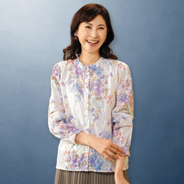 Rakuten - ブラウス シャツ レディース おしゃれ 春夏 ミセス シニア ファッション 40代 50代 60代 70代 80代 刺しゅうプリントフリル襟ブラウス
