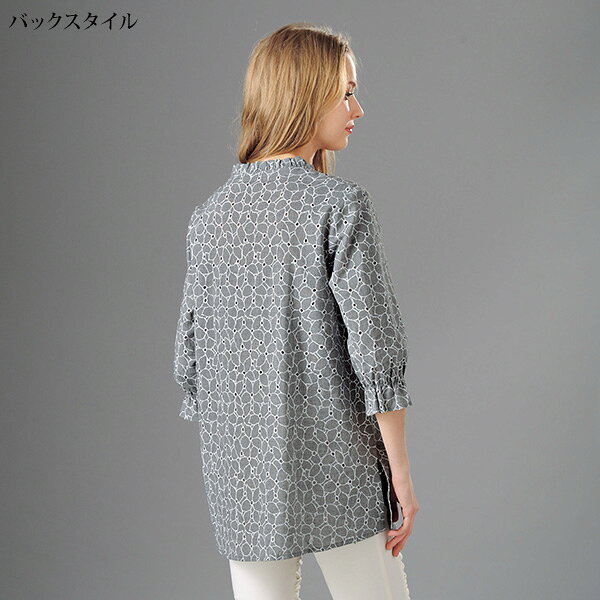 おしゃれ ブラウス レディース / レース調カットワーク七分袖オーバーブラウス / 大きいサイズ M L LL 3L / 40代 50代 60代 70代 ミセスファッション シニアファッション 服◎ kyo-tsu-10090047 京都通販 ミセスのファッション館 サンプル画像2