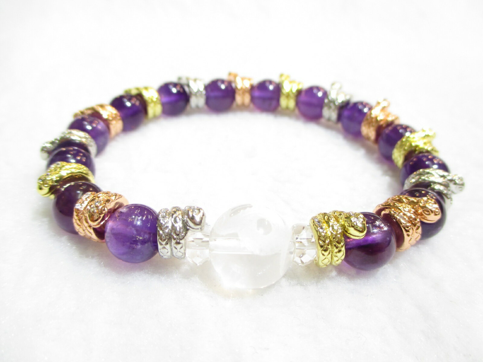 楽天パワーストーン京屋パワーストーン・京都/大開運（金運・財運・知恵・繁栄・健康）】【豪華絢爛】≪レディース≫【縁起カラー3色蛇パーツ（ゴールド・ピンクゴールド・シルバー）】【蛇】彫刻【本水晶】【アメジスト（紫水晶）】ブレスレット≪2025H-015≫桐箱付き【天然石の京屋】