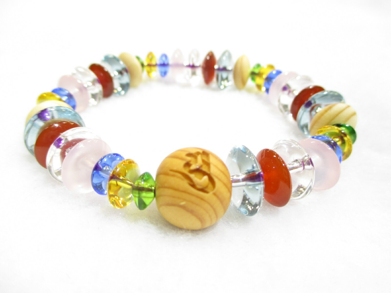 パワーストーン・京都/【弘法大師守護梵字(ユ)】彫刻【高野槙】親玉12mm【そろばん珠(グリーンーアンバー・カーネリアン・ダークブルークォーツ・ライトブルークォ...