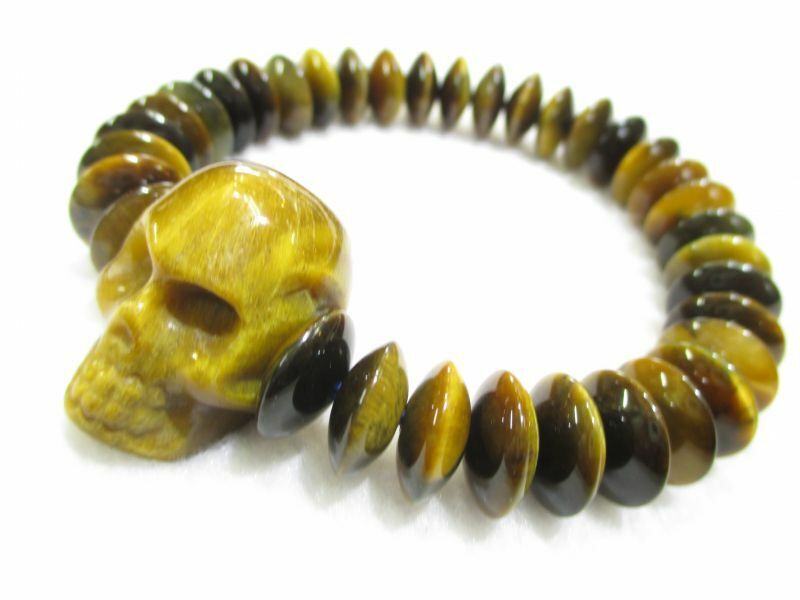 パワーストーン・京都/【魔除け、復活、再生、金運・仕事運】【スカル(髑髏)】彫刻【タイガーアイ(虎目石)】【そろばん珠二色(青・茶)タイガーアイ】数珠ブレスレット【伏見の京屋】