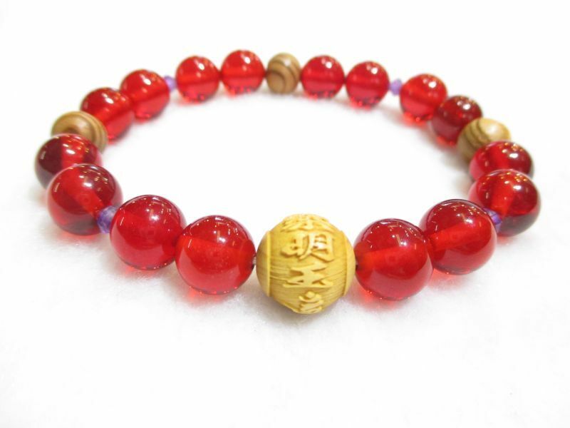 パワーストーン・京都/【恋愛成就、縁結び、夫婦円満】【愛染明王】両面彫刻【柘植の木】【レッドアンバー】【アメジスト】【屋久杉】ブレスレット【伏見の京屋】