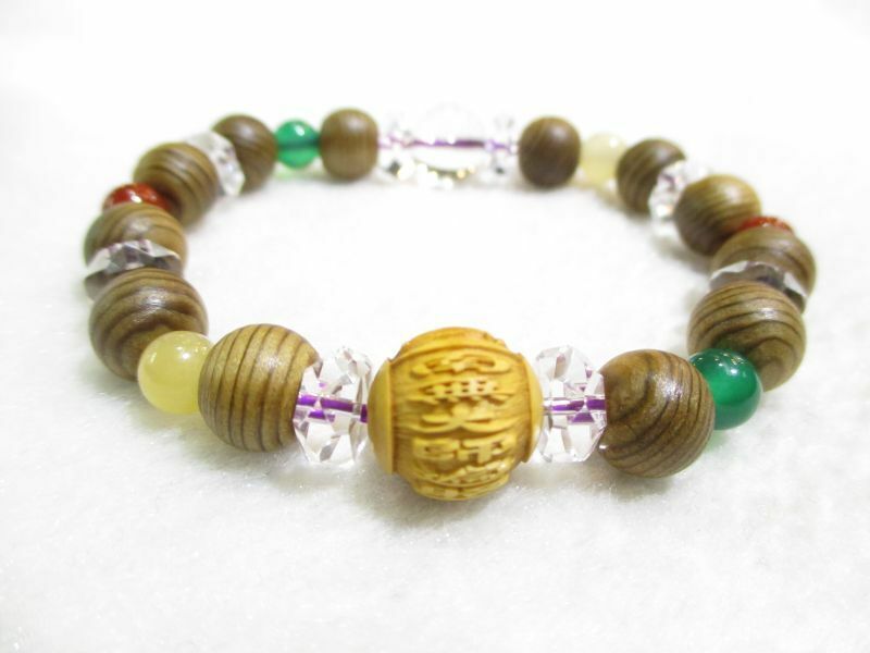 パワーストーン・京都/【レディースサイズ】【南無大師遍照金剛(弘法大師・空海)】彫刻【柘植（つげ）】12mm【神代杉】【本水晶】【カーネリアン・アラゴナイト・緑瑪瑙(福禄寿カラー)】ブレスレット、桐箱付【伏見の京屋】