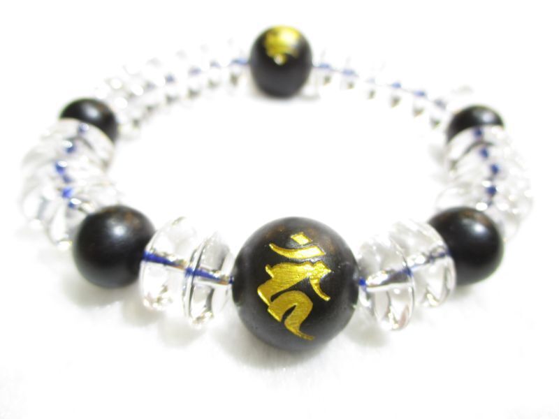 パワーストーン・京都/【本式数珠風(二親玉・四天)】【不動明王・守護梵字(カーン)彫刻黒檀】親玉16mm【黒檀】【そろばん珠本水晶】ブレスレット【天然石の京屋】