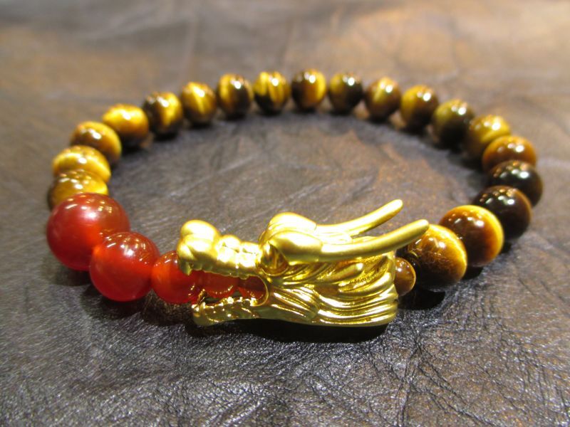 パワーストーン・京都/【強運・財運・霊力・邪気払い・変革】【火を吐く強力な龍神(金龍)】【カーネリアン】【タイガーアイ(虎目石)】ブレスレット、桐箱付き【伏見の京屋】