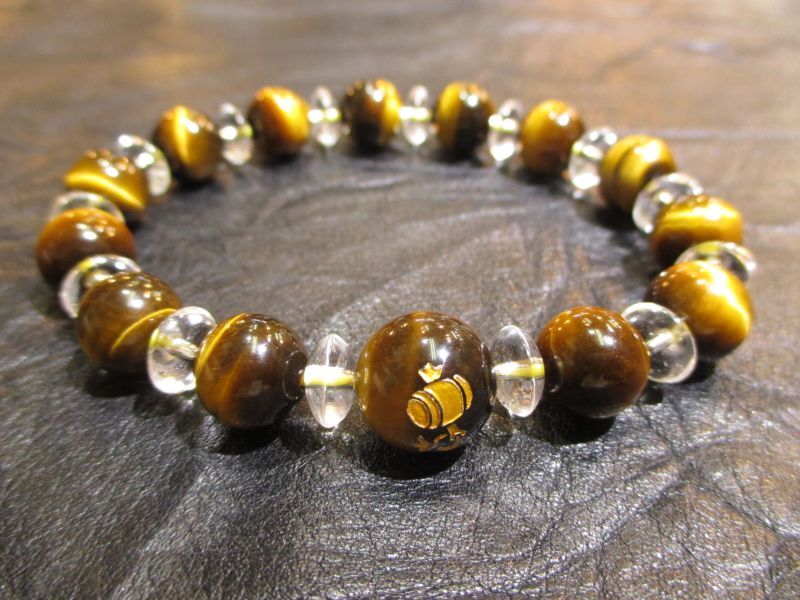 パワーストーン・京都/【富をもたらす】【打出の小槌】彫刻【タイガーアイ(虎目石)】【そろばん珠本水晶】ブレスレット、桐箱付き【天然石の京屋】