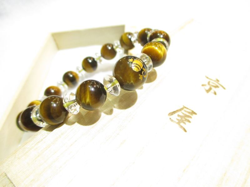 パワーストーン・京都/【富をもたらす】【打出の小槌】彫刻【タイガーアイ(虎目石)】【そろばん珠本水晶】ブレスレット、桐箱付き【天然石の京屋】