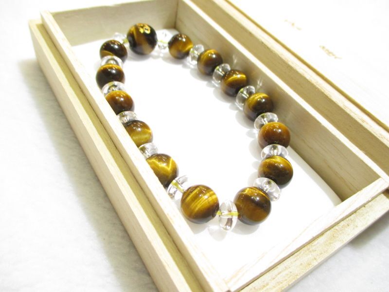 パワーストーン・京都/【富をもたらす】【打出の小槌】彫刻【タイガーアイ(虎目石)】【そろばん珠本水晶】ブレスレット、桐箱付き【天然石の京屋】